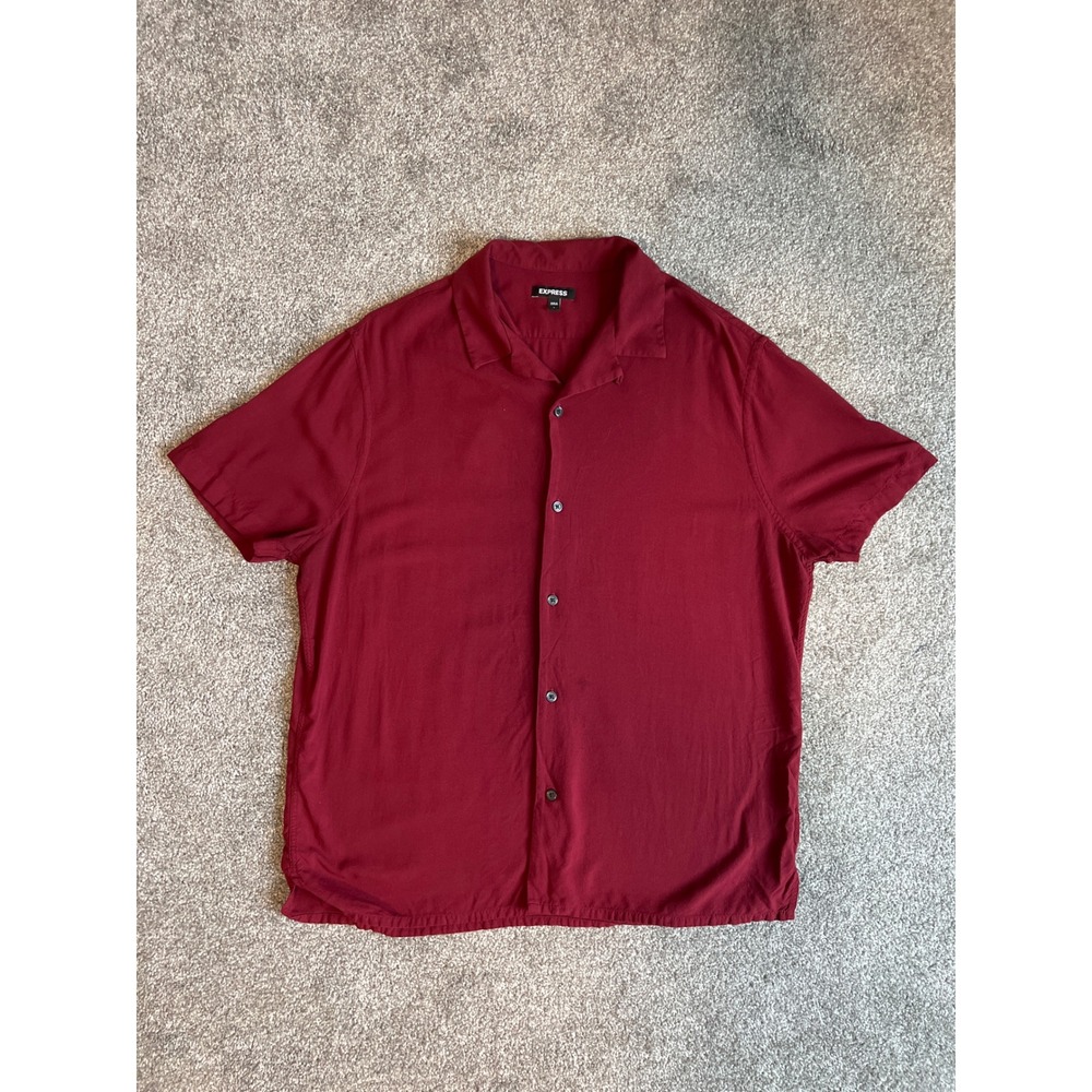 Express Mens Large Burgundy Red Rayon Short Sleeve Camp Collar Button Down Shirt